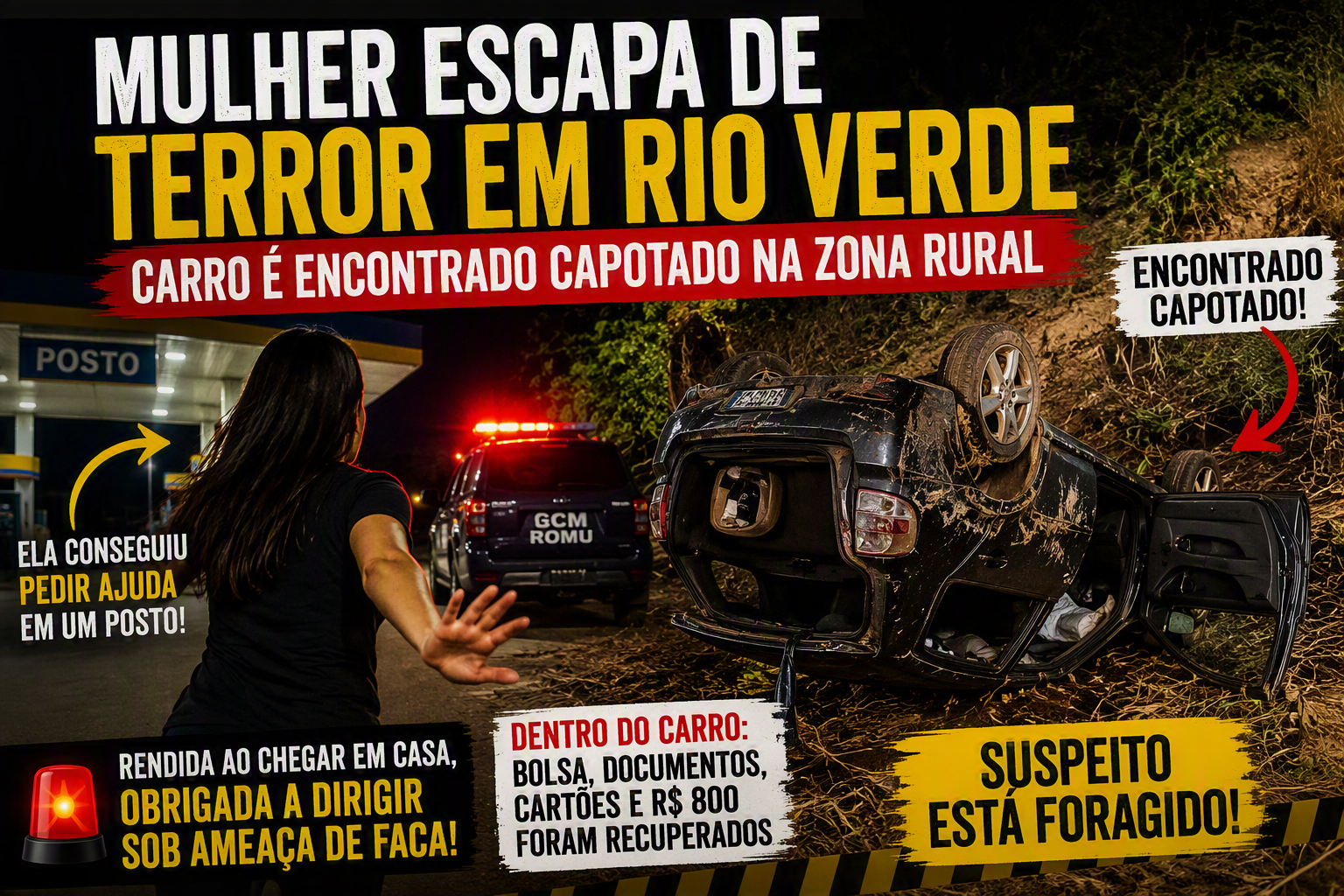 Imagem de Mulher escapa de terror em Rio Verde e carro é encontrado capotado na zona rural