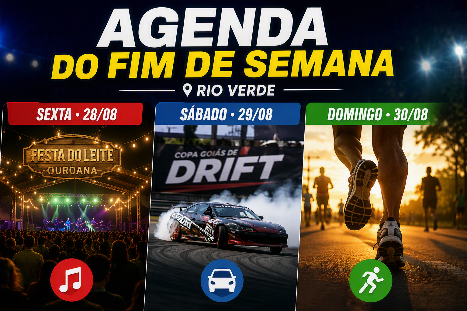 Imagem de Agenda do fim de semana em Rio Verde tem shows gratuitos, drift, corrida e cinema