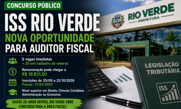 Imagem de Rio Verde abre concurso para auditor fiscal com remuneração que pode chegar a R$ 16,8 mil