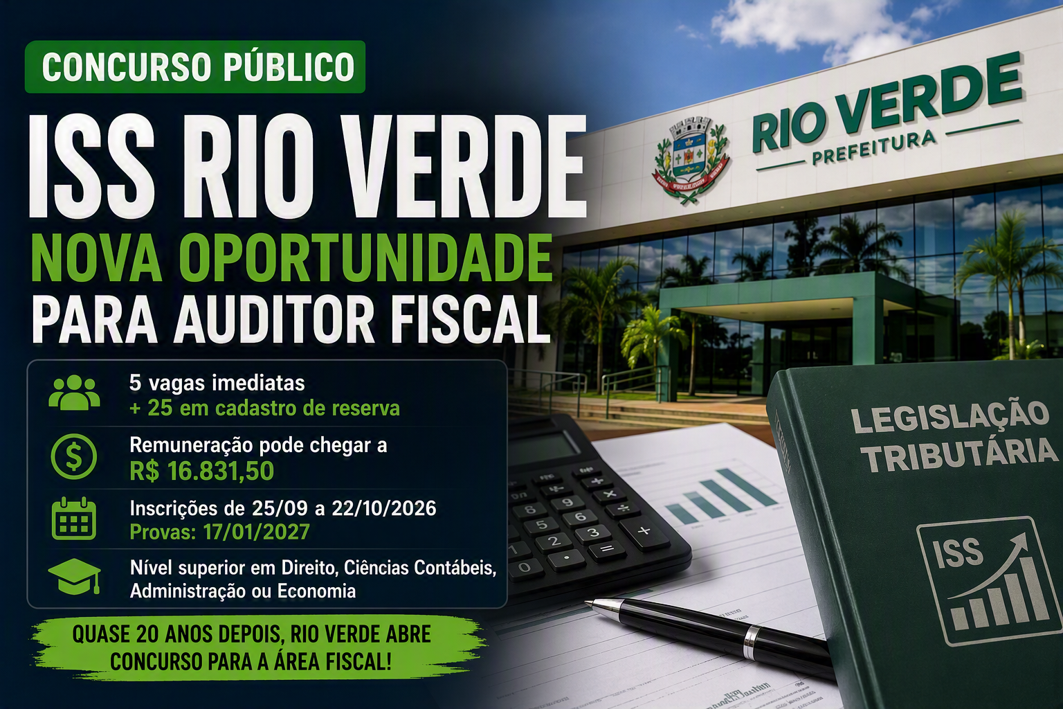 Imagem de Rio Verde abre concurso para auditor fiscal com remuneração que pode chegar a R$ 16,8 mil