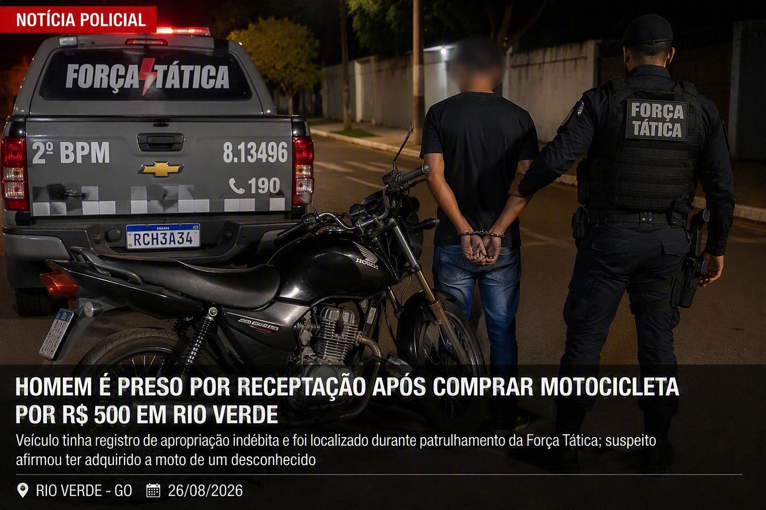 Imagem de Homem é preso por receptação após comprar motocicleta por R$ 500 em Rio Verde