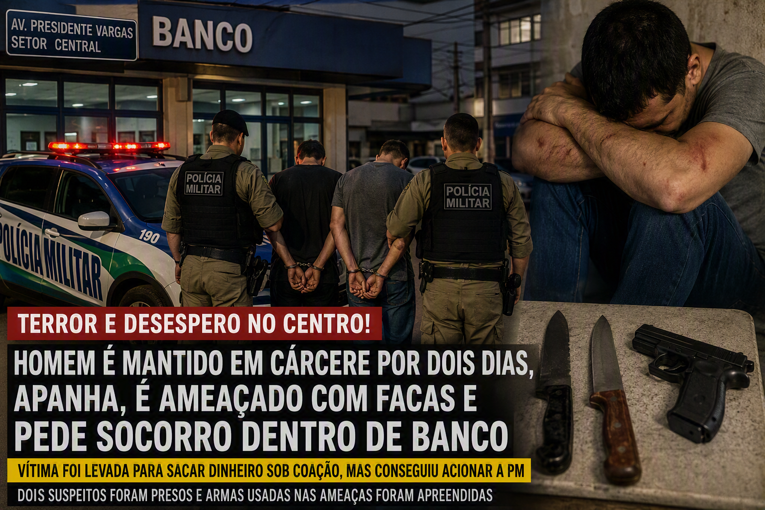 Imagem de Homem é mantido em cárcere por dois dias, apanha, é ameaçado com facas e pede socorro dentro de banco no Centro