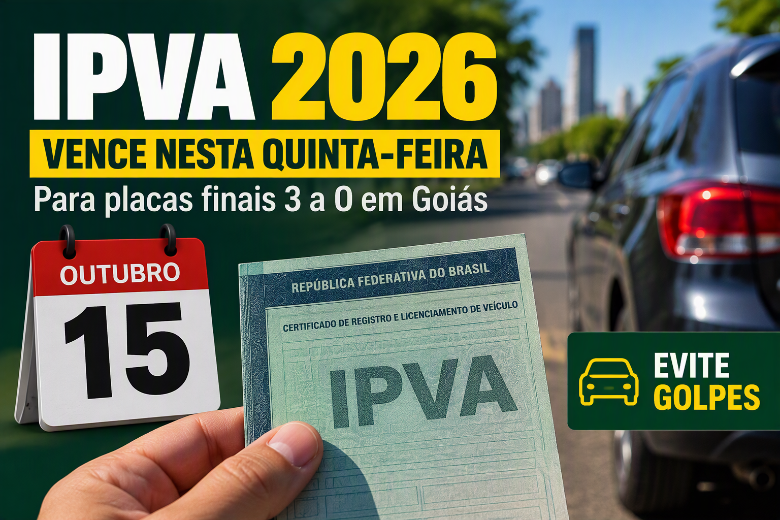 Imagem de IPVA 2026 vence nesta quinta-feira para placas finais 3 a 0 em Goiás