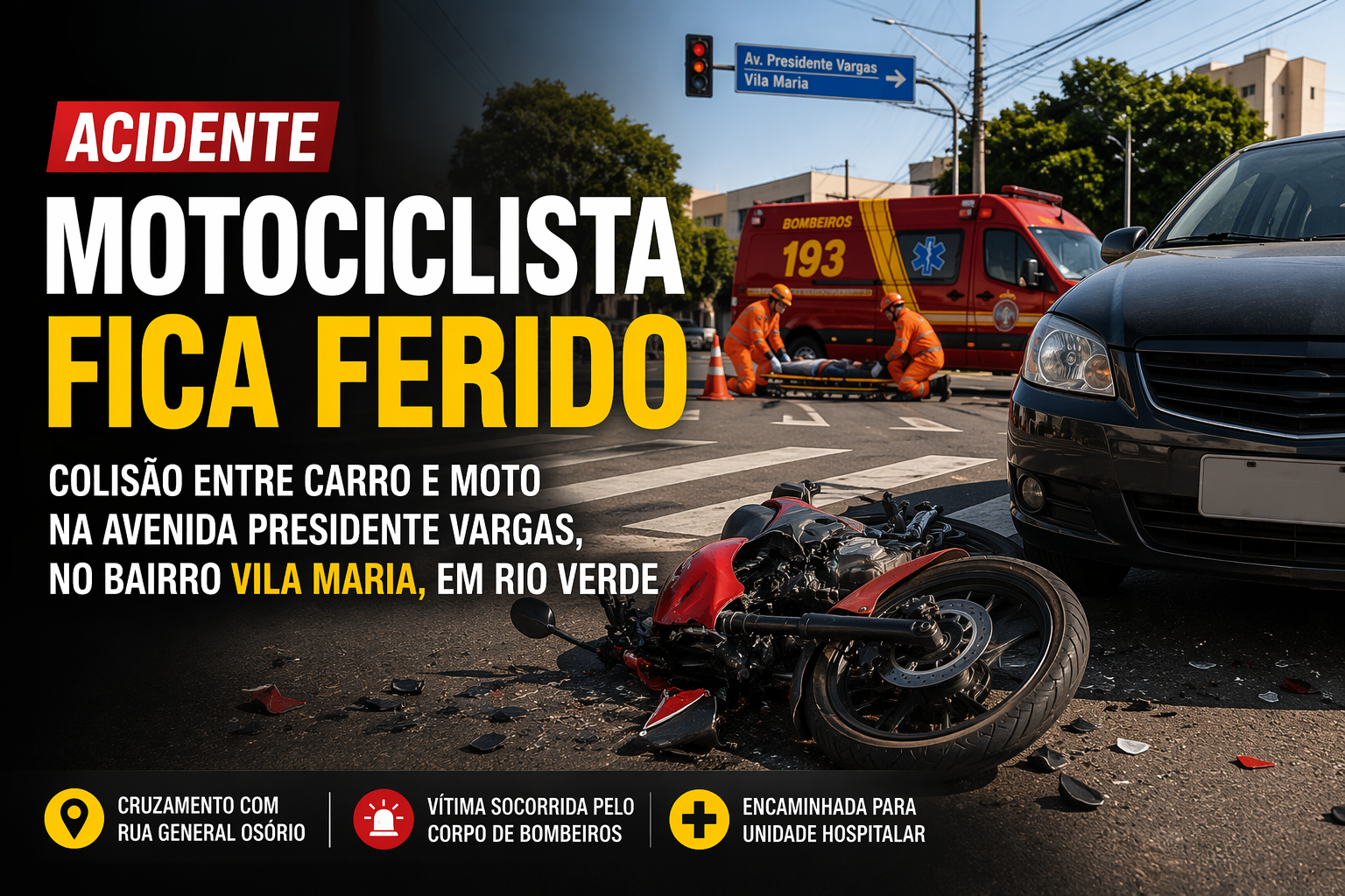 Imagem de Motociclista fica ferido em acidente entre carro e moto na Avenida Presidente Vargas, em Rio Verde