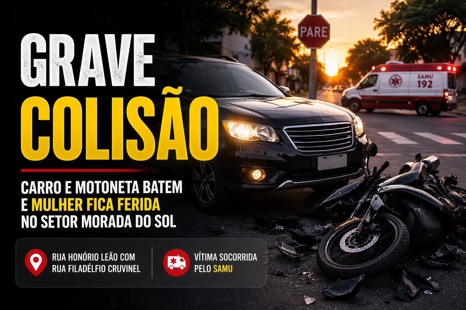 Imagem de Grave colisão entre carro e motoneta deixa mulher ferida no Setor Morada do Sol, em Rio Verde