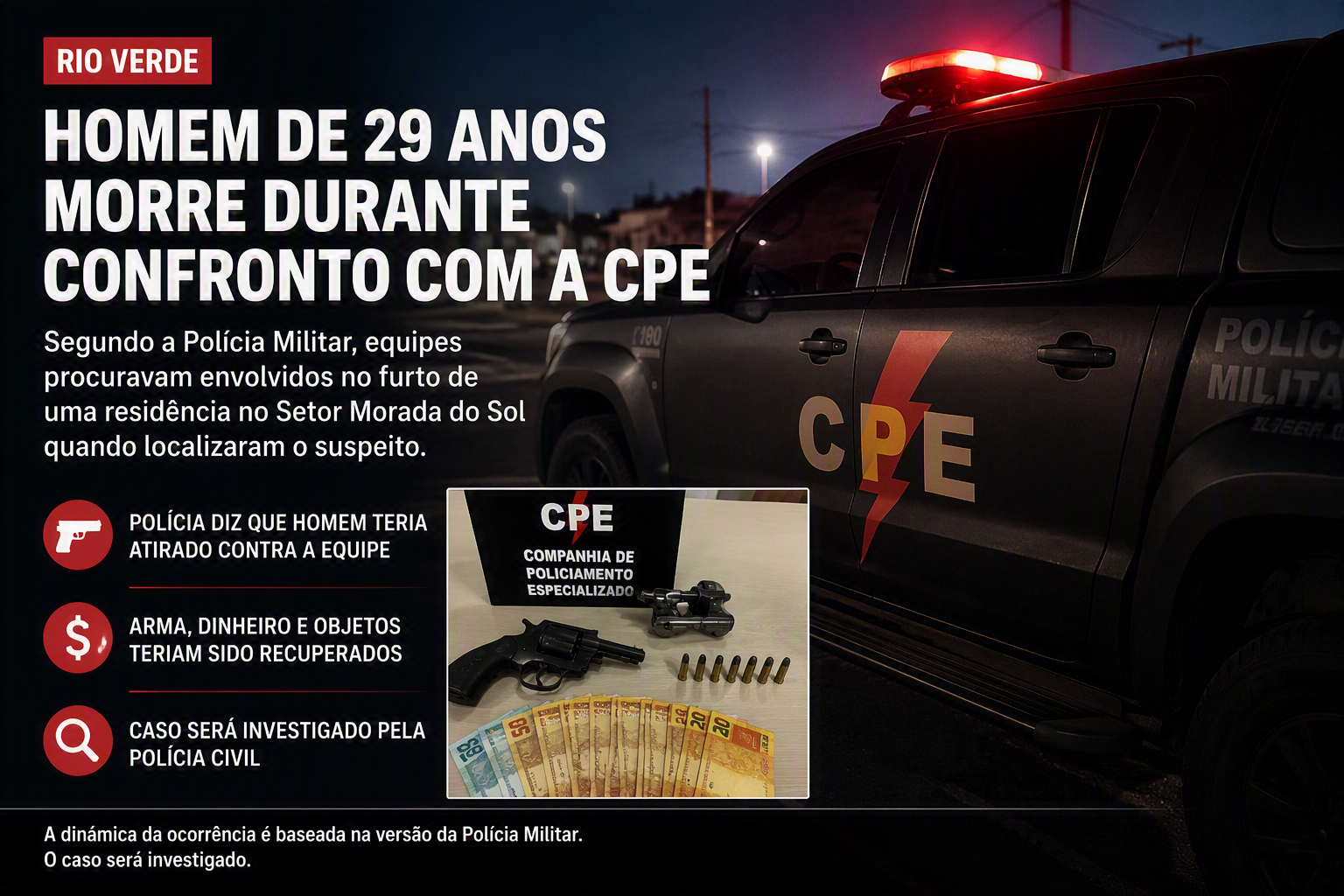 Imagem de Homem de 29 anos morre durante confronto com a CPE em Rio Verde