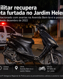 Imagem de Polícia Militar recupera motocicleta furtada no Jardim Helena