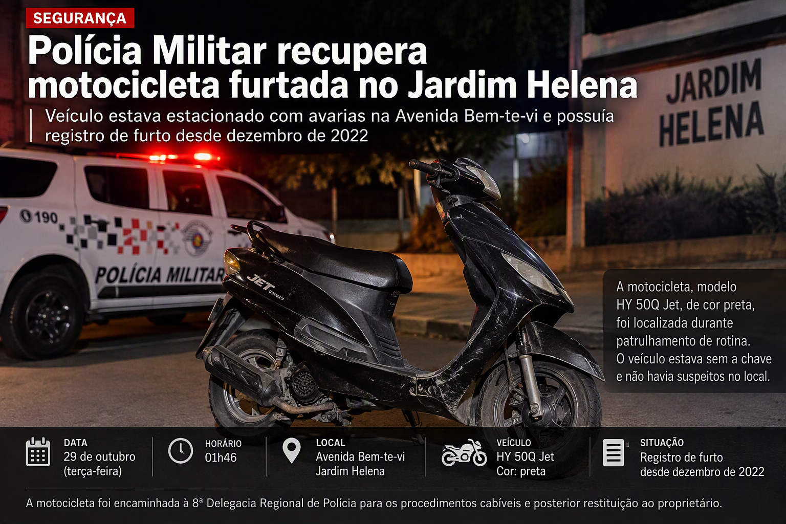Imagem de Polícia Militar recupera motocicleta furtada no Jardim Helena