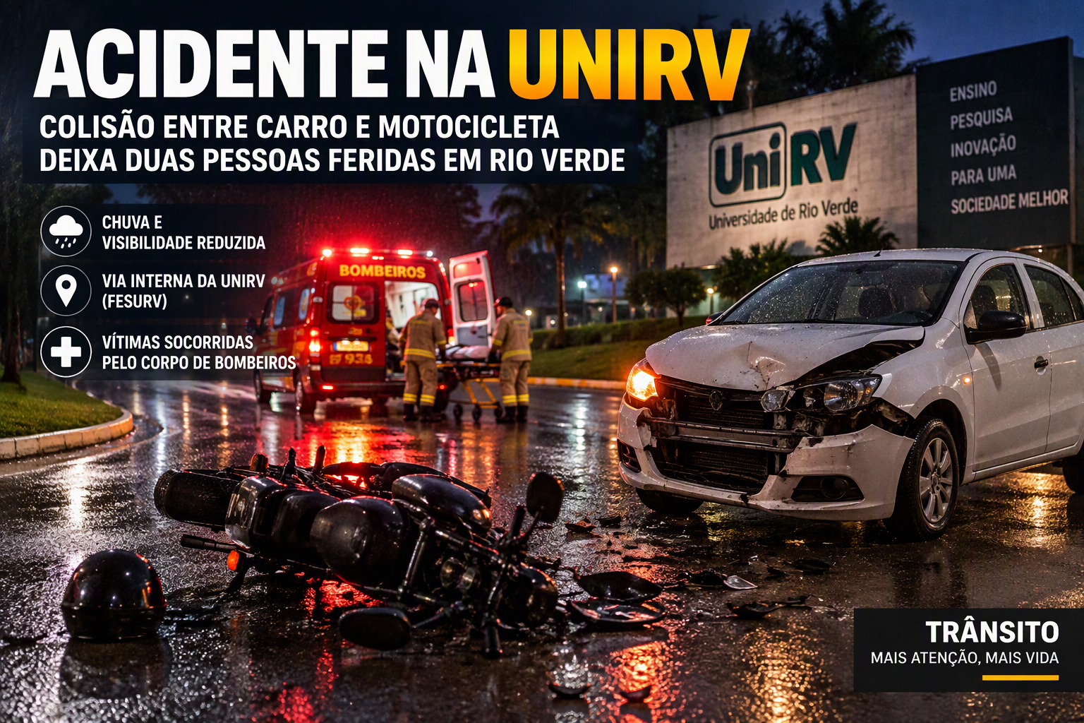 Imagem de Colisão entre carro e motocicleta deixa duas pessoas feridas dentro da UniRV
