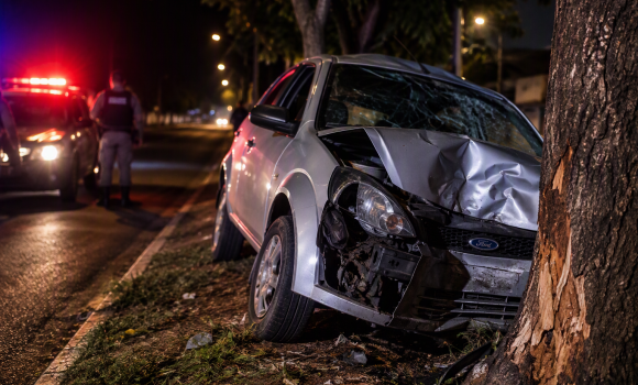 Imagem de Motorista abandona local após carro atravessar canteiro e bater em árvore em Rio Verde