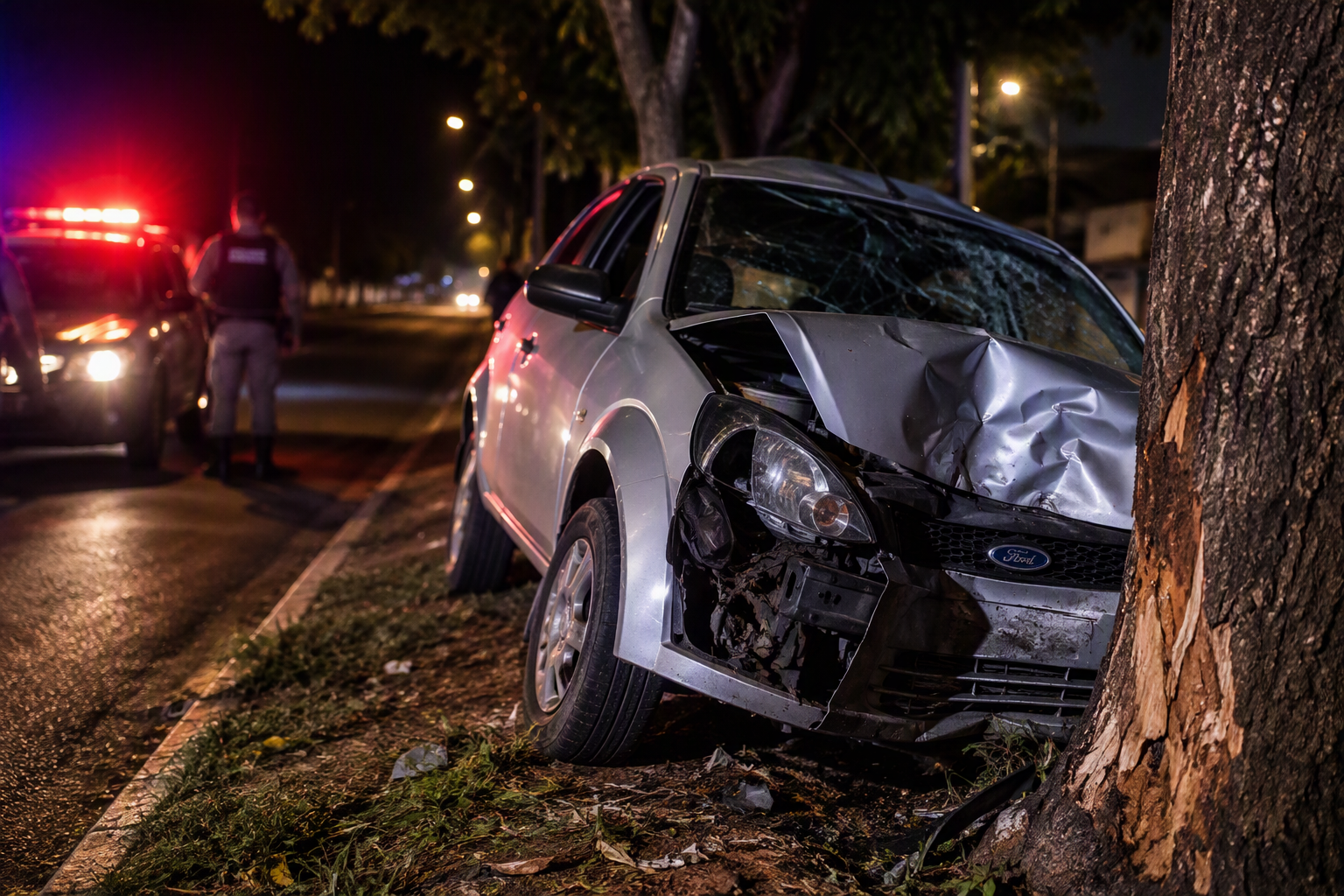 Imagem de Motorista abandona local após carro atravessar canteiro e bater em árvore em Rio Verde